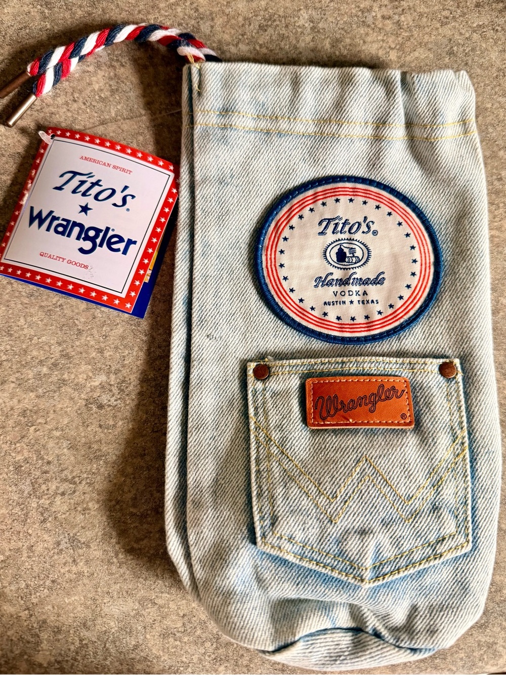 Tito’s Vodka x Wrangler Denim Gift Bag & Bottle Sleeve NWT Limited Edition